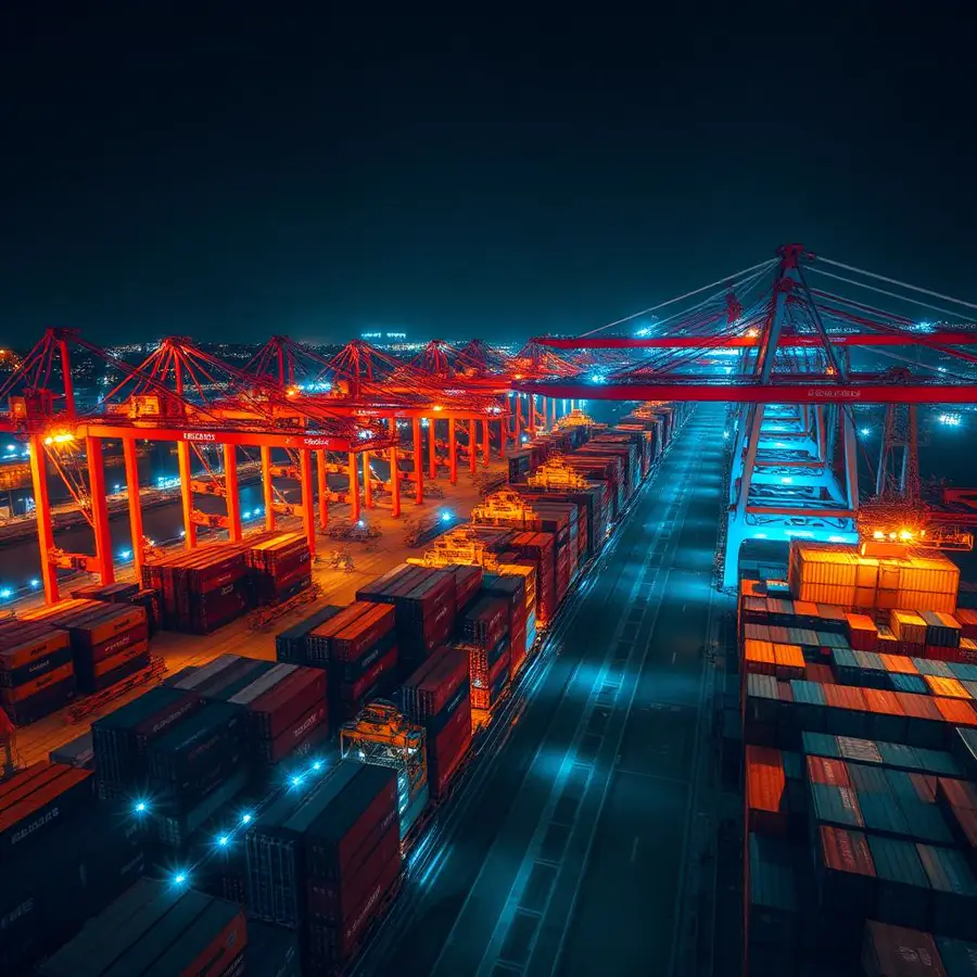 Global shipping port at night